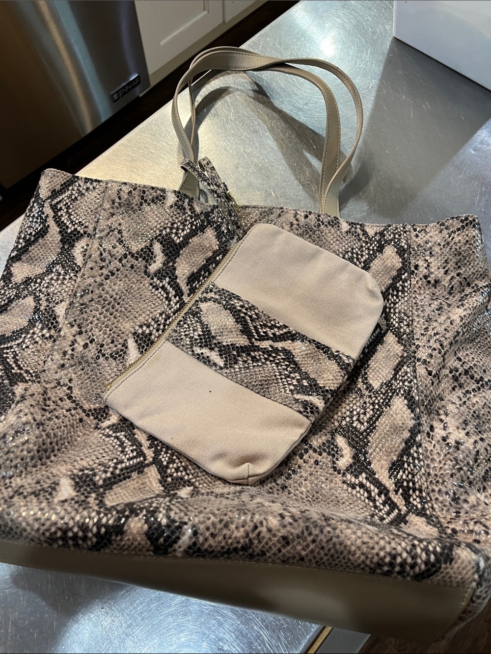 Talbots Beige & Black Snake-Print Tote with Pouch